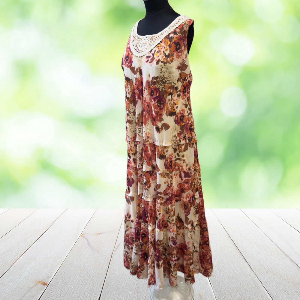 JESSICA HOWARD Tiered Maxi Dress Raw Edge Fringe Crochet Lace Floral Plus 24W